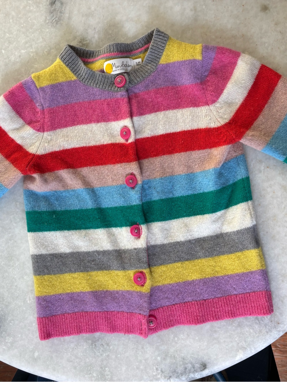 Rainbow cardigan sweater, MiniBoden, kids size 5-6, wool blend